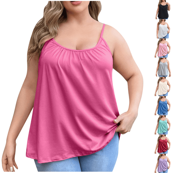 cocolona Womens Plus Size Tank Tops with Built in Bras Summer Casual Sleeveless Camisole Shirts Pleated Tunic Blouses