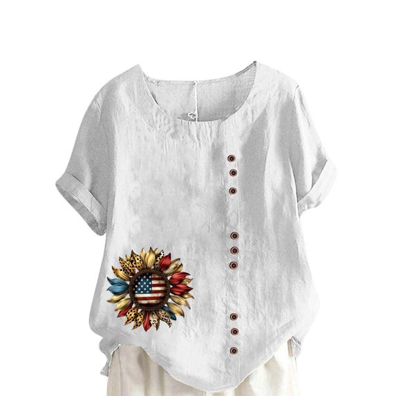 cocolona Womens Plus Size Summer Tops 4th of July America Flag Print Patriotic T-shirts Blouse Crew Neck Short Sleeve Button Shirts Graphic Tees