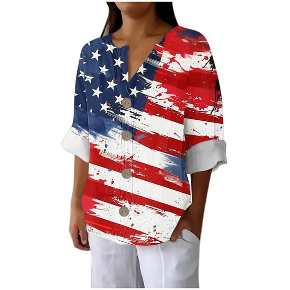 cocolona Womens Plus Size Summer Tops Button V Neck 3/4 Sleeve Shirts 4th of July USA Flag Print Patriotic Blouses