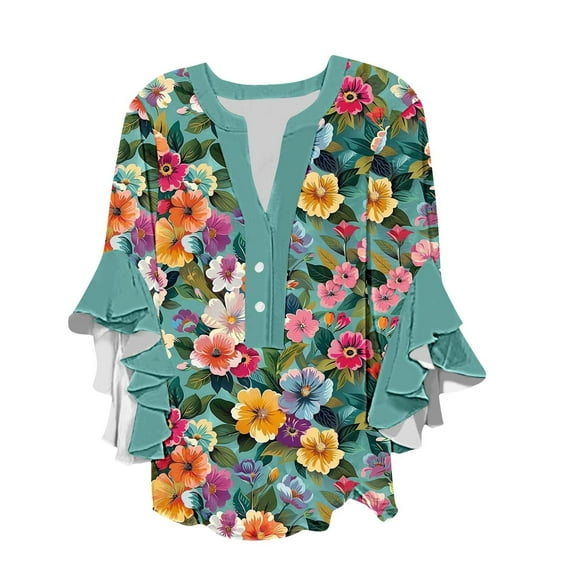 cocolona Womens Ruffle 3/4 Sleeve Blouses Summer V Neck Button Tops Fashion Casual Loose Floral Print Shirts Multicolor# XL