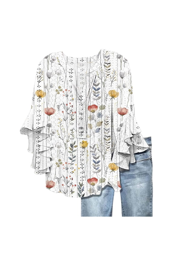 Womens Summer Casual Blouses Ruffle 3/4 Sleeve V-Neck Button Tops Loose Comfy Trendy Floral Shirts Multicolor#3 L