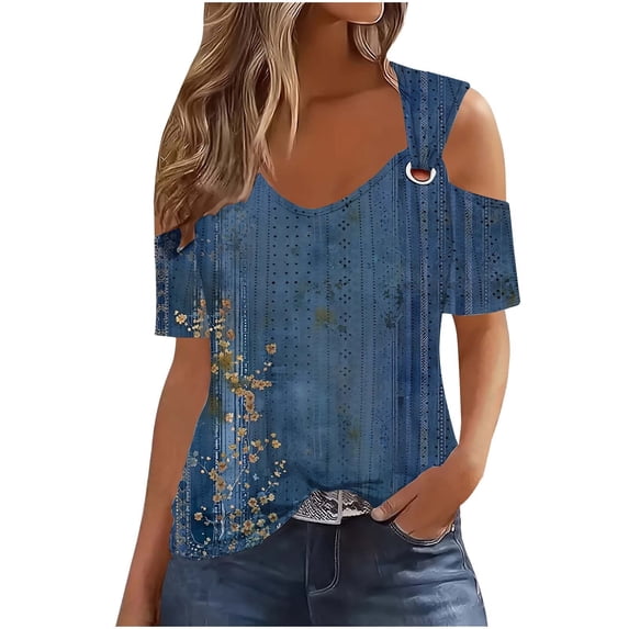 cocolona Womens Summer Cold Shoulder Tops V Neck Short Sleeve Floral Print T-shirts Fashion Casual Loose Blouse Shirts