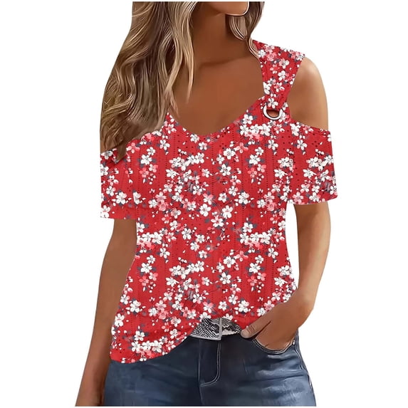 cocolona Womens Summer Cold Shoulder Tops V Neck Short Sleeve Floral Print T-shirts Fashion Casual Loose Blouse Shirts