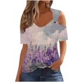 thumbnail image 1 of cocolona Womens Summer Cold Shoulder Tops V Neck Short Sleeve Floral Print T-shirts Fashion Casual Loose Blouse Shirts, 1 of 5