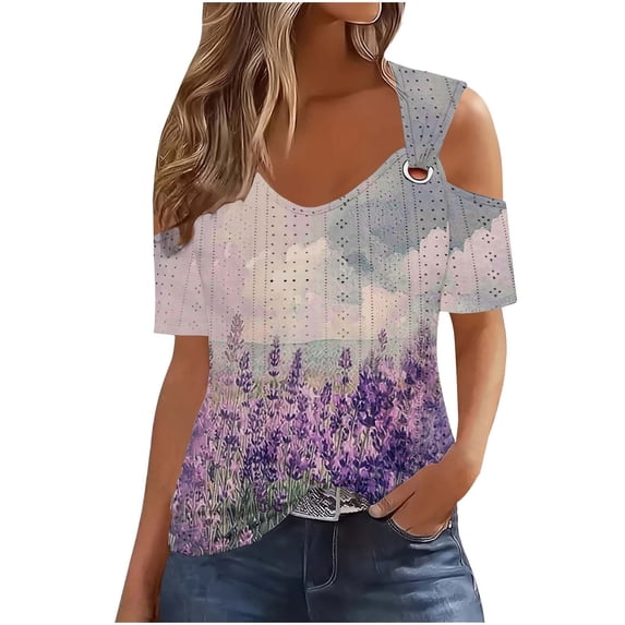 cocolona Womens Summer Cold Shoulder Tops V Neck Short Sleeve Floral Print T-shirts Fashion Casual Loose Blouse Shirts