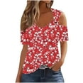 thumbnail image 1 of cocolona Womens Summer Cold Shoulder Tops 2025 V Neck Short Sleeve Floral Print T-shirts Fashion Casual Loose Blouse Shirts, 1 of 5