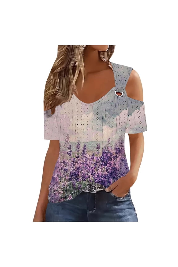 Womens Summer Cold Shoulder Tops 2025 V Neck Short Sleeve Floral Print T-shirts Fashion Casual Loose Blouse Shirts