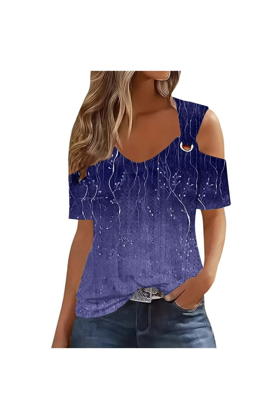 Womens Summer Cold Shoulder Tops 2025 V Neck Short Sleeve Gradient Print T-shirts Fashion Casual Loose Blouse Shirts