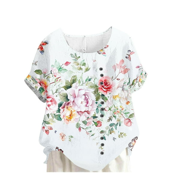 cocolona Womens Summer Floral Print Tops Fashion Crew Neck Short Sleeve Button T-shirts Casual Loose Blouse Tops S-2XL