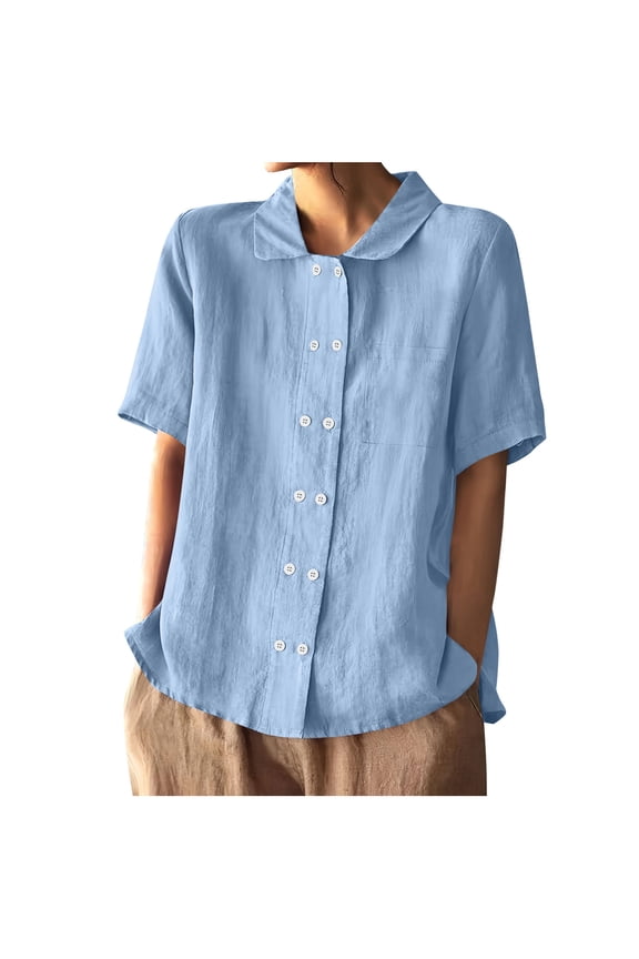 Womens Summer Linen Shirts Double Breasted Open Collar Short Sleeve Tops Trendy Casual Solid Color Blouses Light Blue XL