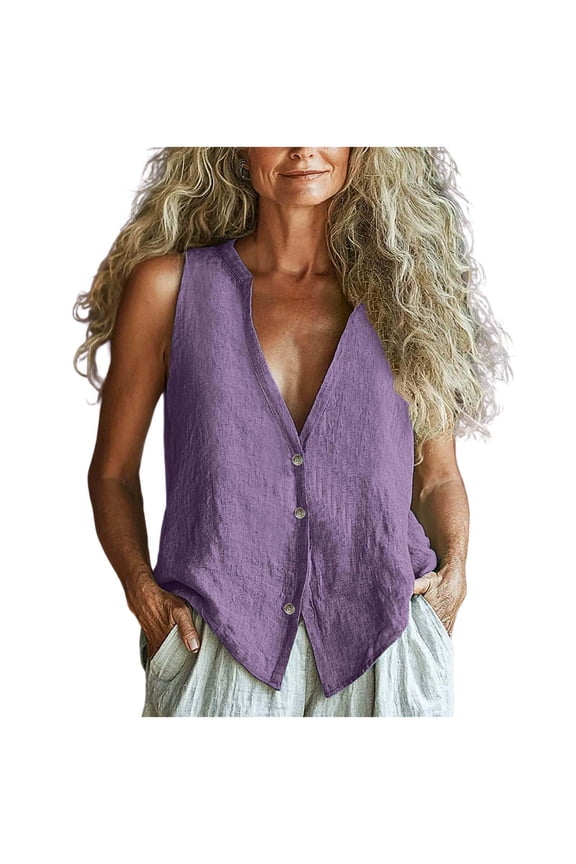 Womens Summer Linen Tank Tops V Neck Button Sleeveless Shirts Lightweigh Comfy Casual Blouses Purple S