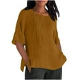 thumbnail image 1 of cocolona Womens Summer Plus Size Linen Shirts Half Sleeve Crew Neck Tops Side Slit Casual Blouses Loose Solid Color T-shirts Brown L, 1 of 4