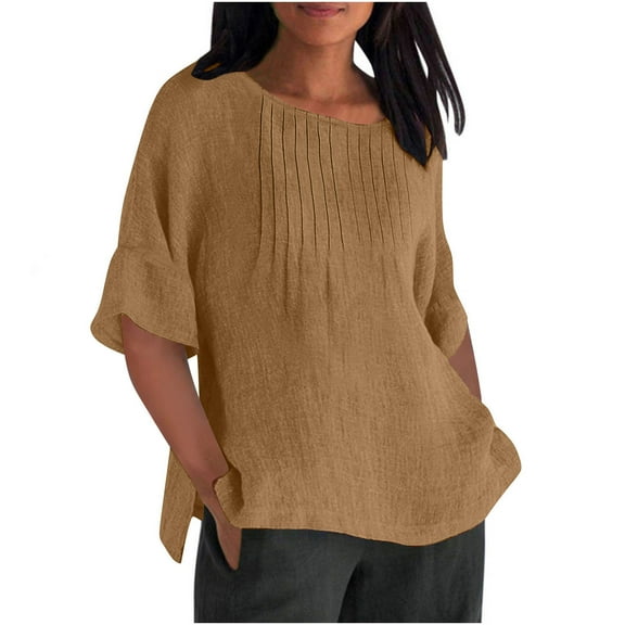 cocolona Womens Summer Plus Size Linen Shirts Half Sleeve Crew Neck Tops Side Slit Casual Blouses Loose Solid Color T-shirts Coffee S