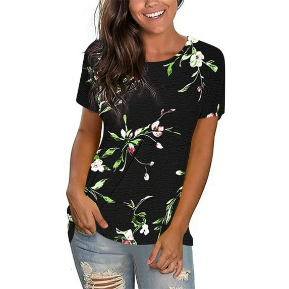 cocolona Womens Summer Short Sleeve Tops Fashion Floral Print Crew Neck T-shirts Casual Loose Blouses S-3XL