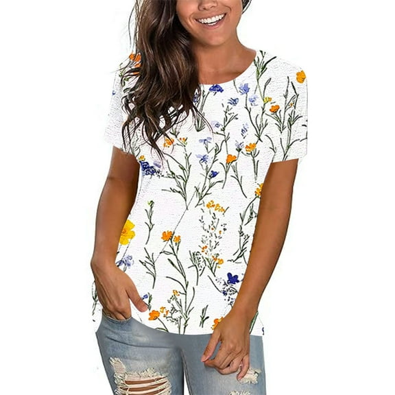 cocolona Womens Summer Short Sleeve Tops Fashion Floral Print Crew Neck T-shirts Casual Loose Blouses S-3XL