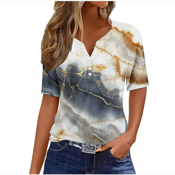 cocolona Womens Summer Tops 2025 Button V Neck Short Sleeve T-shirts Fashion Casual Loose Dressy Blouse Cute Print Tees S-3XL