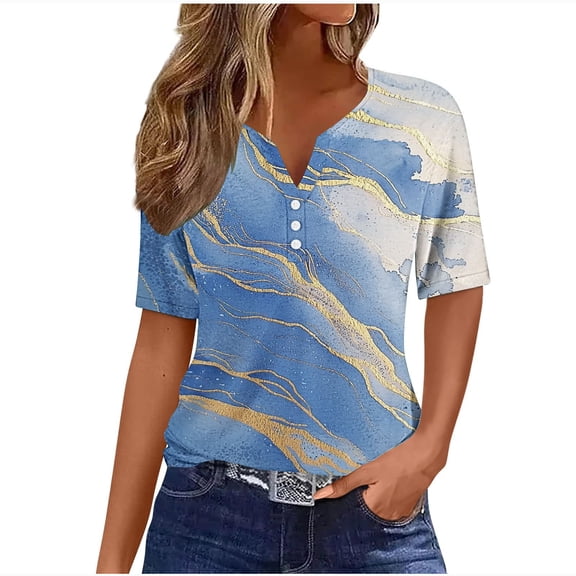 cocolona Womens Summer Tops 2025 Button V Neck Short Sleeve T-shirts Fashion Casual Loose Dressy Blouse Cute Print Tees S-3XL