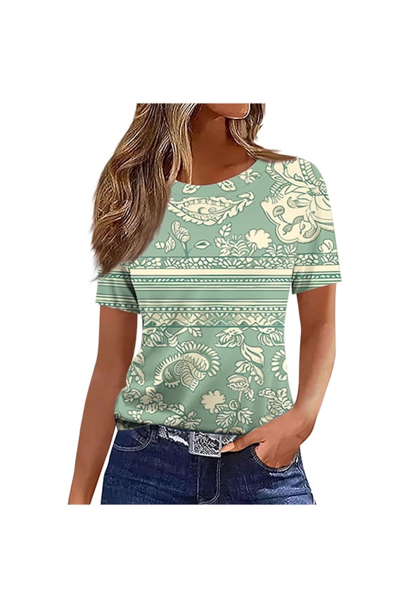 Womens Summer Tops 2026 Crew Neck Short Sleeve Cute Print T-shirts Dressy Casual Blouses S-2XL