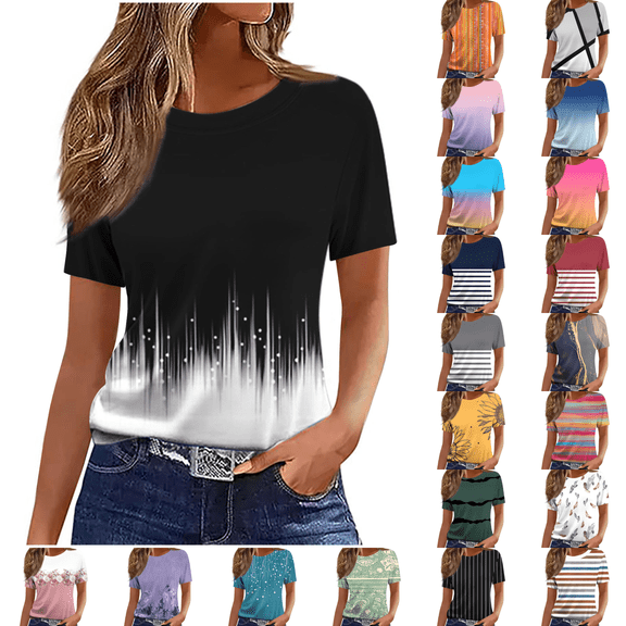 cocolona Womens Summer Tops Crew Neck Short Sleeve Cute Print T-shirts Dressy Casual Blouses