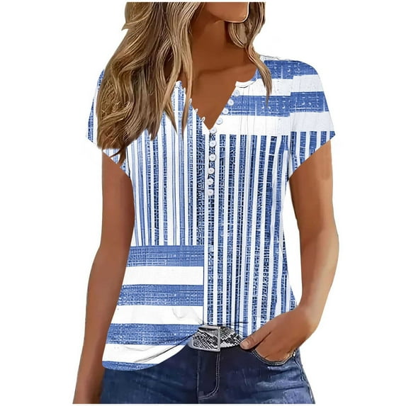 cocolona Womens Summer Tops Button V Neck Short Sleeve Pleated T-shirts Dressy Casual Blouses Fashion Cute Print Tops