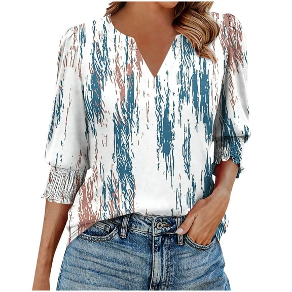 cocolona Womens Summer V Neck 3/4 Sleeve Tops Dressy Casual Blouses Fashion Casual Loose Cute Print T-shirts Trendy Tops 2025