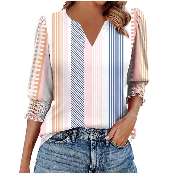 cocolona Womens Summer V Neck 3/4 Sleeve Tops Dressy Casual Blouses Fashion Casual Loose Cute Print T-shirts Trendy Tops 2025