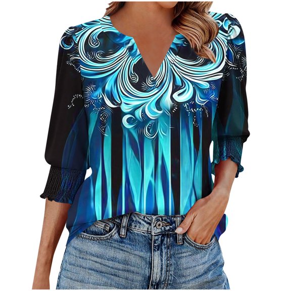 cocolona Womens Summer V Neck 3/4 Sleeve Tops Dressy Casual Blouses Fashion Casual Loose Cute Print T-shirts Trendy Tops 2025