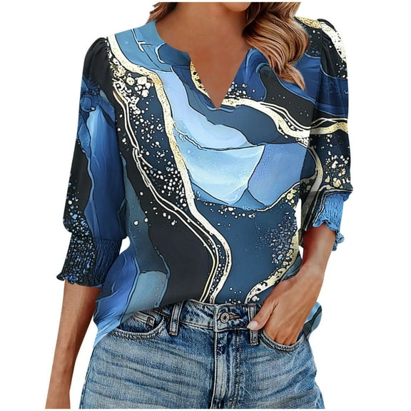 cocolona Womens Summer V Neck 3/4 Sleeve Tops Dressy Casual Blouses Fashion Casual Loose Cute Print T-shirts Trendy Tops 2025