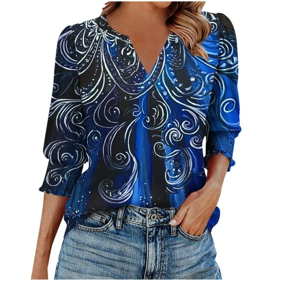 cocolona Womens Summer V Neck 3/4 Sleeve Tops Dressy Casual Blouses Fashion Casual Loose Cute Print T-shirts Trendy Tops 2025
