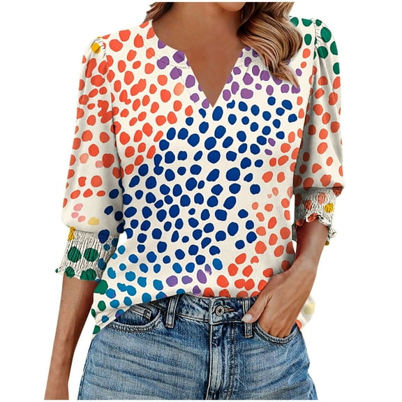 cocolona Womens Summer V Neck 3/4 Sleeve Tops Dressy Casual Blouses Fashion Casual Loose Cute Print T-shirts Trendy Tops 2025