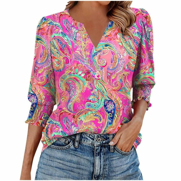 cocolona Womens Summer V Neck 3/4 Sleeve Tops Dressy Casual Blouses Fashion Casual Loose Floral Print T-shirts Trendy Tops 2025