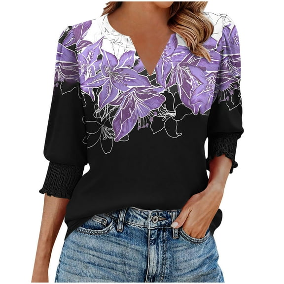 cocolona Womens Summer V Neck 3/4 Sleeve Tops Dressy Casual Blouses Fashion Casual Loose Floral Print T-shirts Trendy Tops 2025