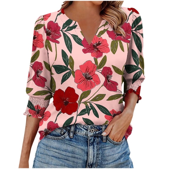 cocolona Womens Summer V Neck 3/4 Sleeve Tops Dressy Casual Blouses Fashion Casual Loose Floral Print T-shirts Trendy Tops 2025