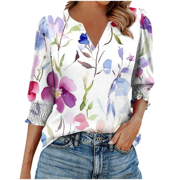cocolona Womens Summer V Neck 3/4 Sleeve Tops Dressy Casual Blouses Fashion Casual Loose Floral Print T-shirts Trendy Tops 2025