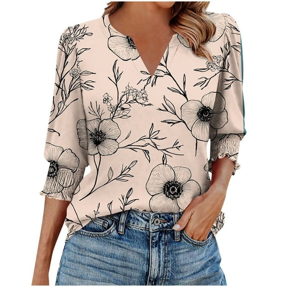 cocolona Womens Summer V Neck 3/4 Sleeve Tops Dressy Casual Blouses Fashion Casual Loose Floral Print T-shirts Trendy Tops 2025