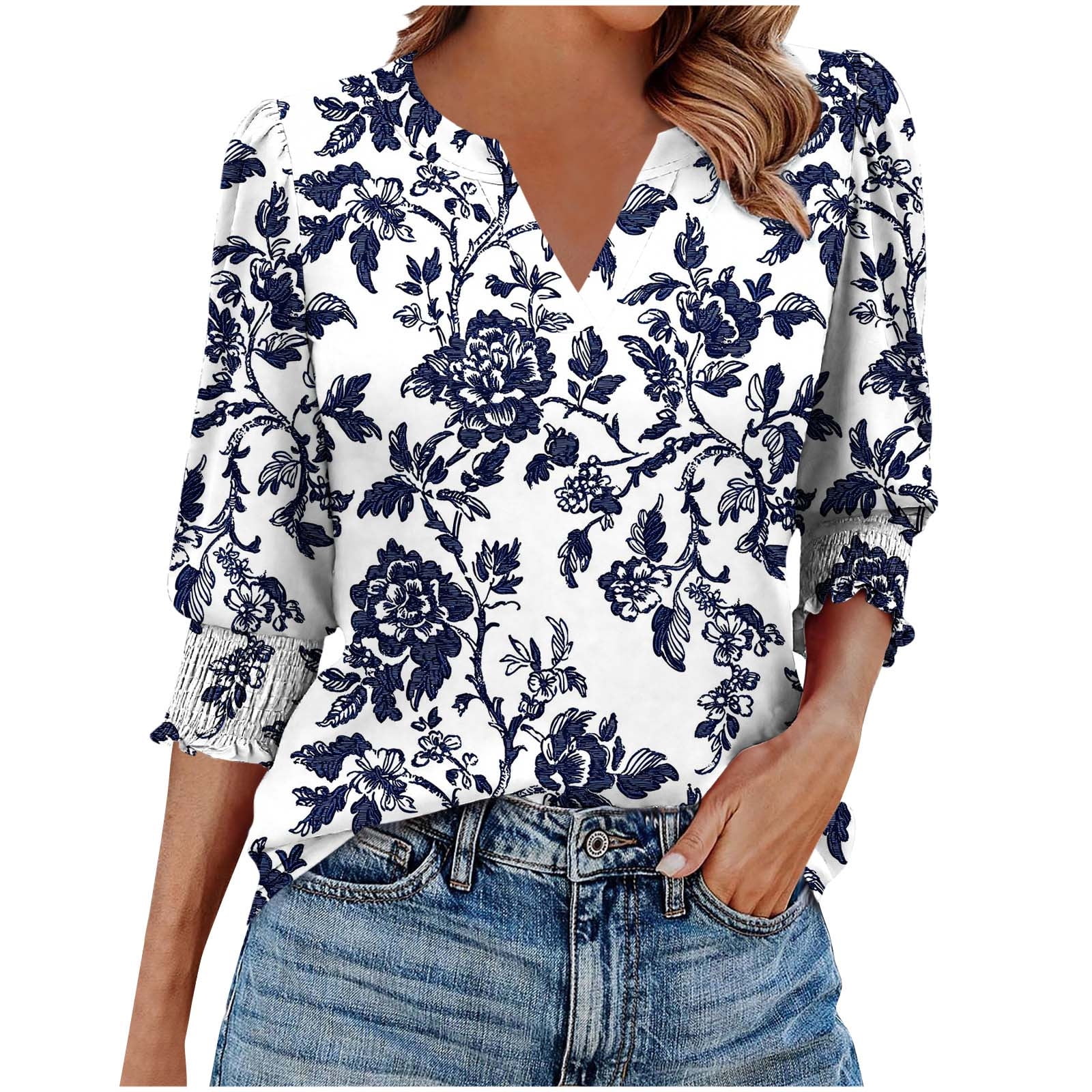 cocolona Womens Summer V Neck 3/4 Sleeve Tops Dressy Casual Blouses ...