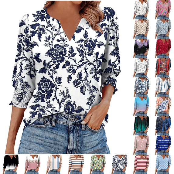 cocolona Womens Summer V Neck 3/4 Sleeve Tops Dressy Casual Blouses Fashion Casual Loose Floral Print T-shirts Trendy Tops