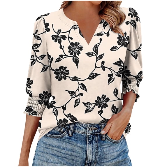 cocolona Womens Summer V Neck 3/4 Sleeve Tops Dressy Casual Blouses Fashion Casual Loose Floral Print T-shirts Trendy Tops 2025