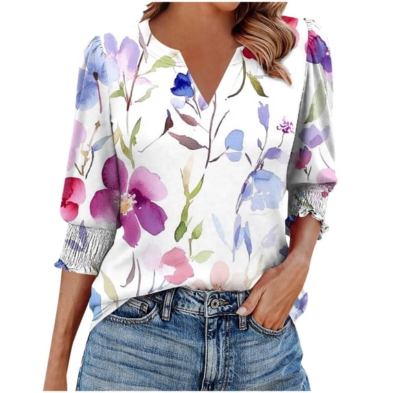 cocolona Womens Summer V Neck 3/4 Sleeve Tops Dressy Casual Blouses Fashion Casual Loose Floral Print T-shirts Trendy Tops
