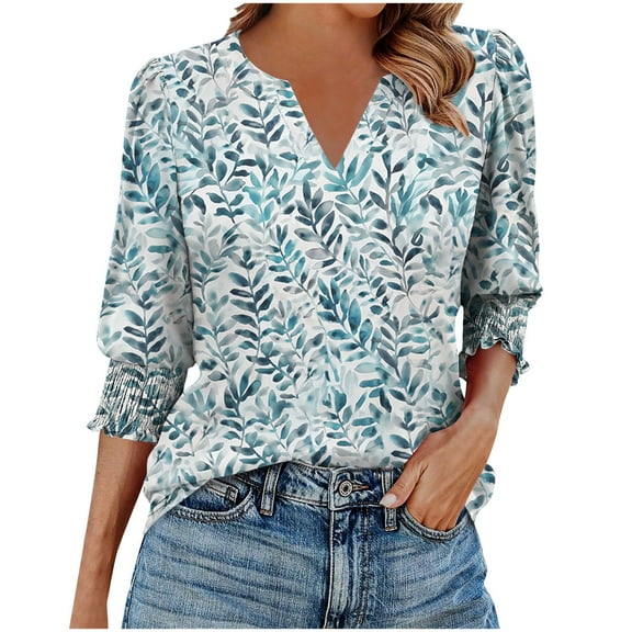cocolona Womens Summer V Neck 3/4 Sleeve Tops Dressy Casual Blouses Fashion Casual Loose Floral Print T-shirts Trendy Tops 2025
