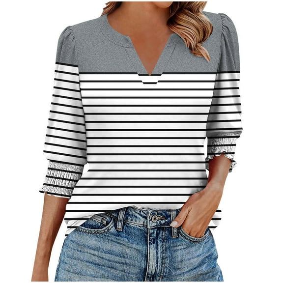 cocolona Womens Summer V Neck 3/4 Sleeve Tops Dressy Casual Blouses Fashion Casual Loose Striped Print T-shirts Trendy Tops 2025