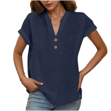 Summer Savings! cocolona Womens Summer V Neck Button Shirts Fashion Casual Solid Color Short Sleeve Tops Lightweight Loose T-shirt Blouses S-2XL