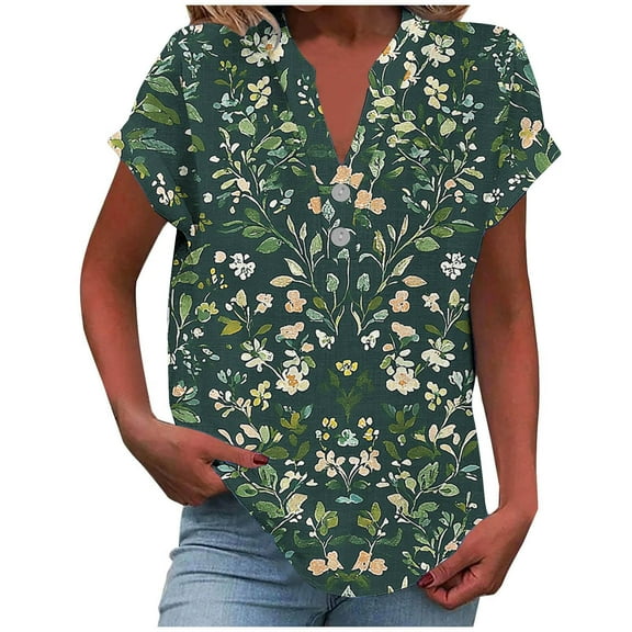 cocolona Womens Summer V Neck Button T-shirts Fashion Casual Floral Print Short Sleeve Tops Lightweight Trendy Blouses S-2XL