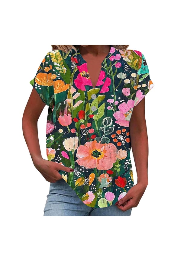 Womens Summer V Neck Button T-shirts Fashion Casual Floral Print Short Sleeve Tops Lightweight Trendy Blouses S-2XL