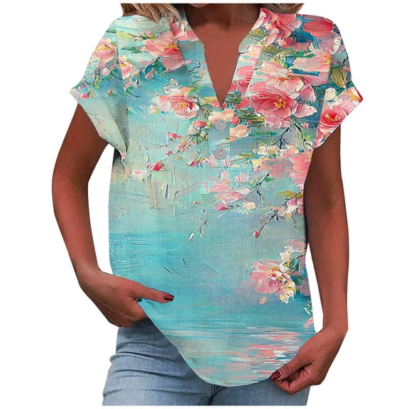 cocolona Womens Summer V Neck Button T-shirts Fashion Casual Floral Print Short Sleeve Tops Lightweight Trendy Blouses S-2XL