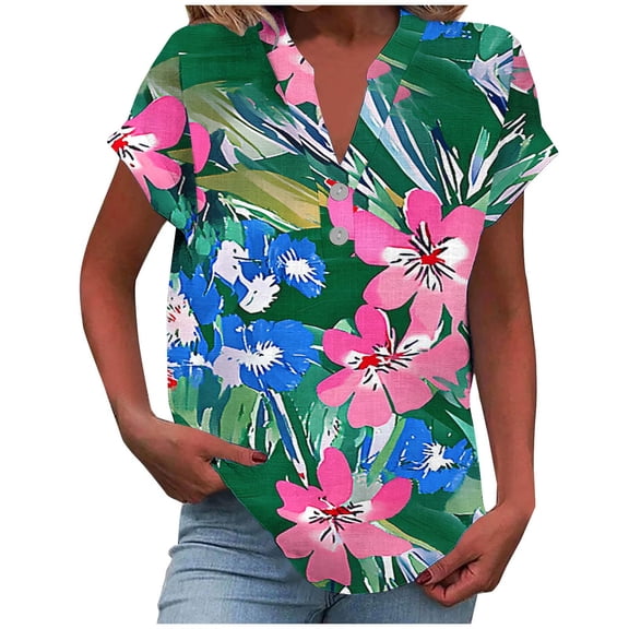 cocolona Womens Summer V Neck Button T-shirts Fashion Casual Floral Print Short Sleeve Tops Lightweight Trendy Blouses S-2XL