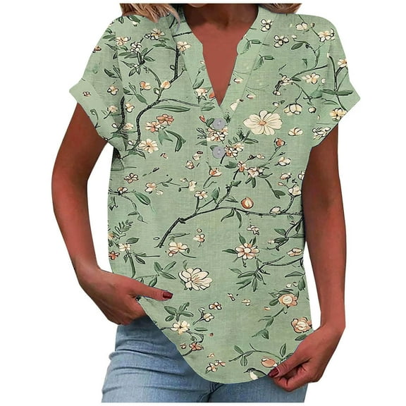 cocolona Womens Summer V Neck Button T-shirts Fashion Casual Floral Print Short Sleeve Tops Lightweight Trendy Blouses S-2XL