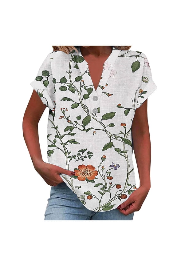 Womens Summer V Neck Button T-shirts Fashion Casual Floral Print Short Sleeve Tops Lightweight Trendy Blouses S-2XL