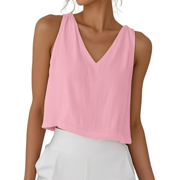 cocolona Womens Summer V Neck Tank Tops Fashion Casual Sleeveless Linen Shirts Lightweight Solid Color Loose Tank Tops