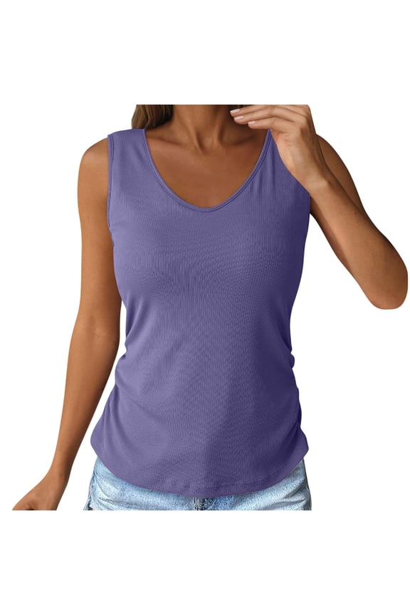 Womens Tank Tops with Built in Bras V Neck Sleeveless Ribbed Shirts Summer Casual Solid Color Tops Purple M